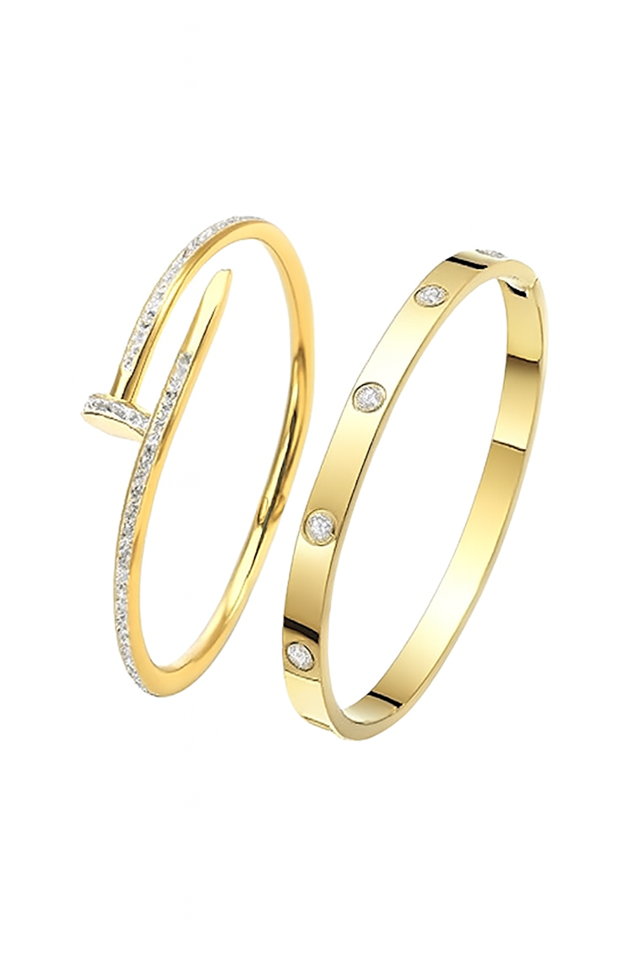 Duo de joncs dorés en acier inoxydable, l'un en forme de clou pavé de cristaux, l'autre jonc épuré orné de zircons, Maison Mercier.