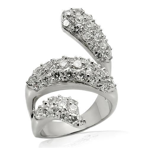 Bague serpentin élégante en argent massif rhodié, reflétant la lumière avec ses multiples zircons clairs.