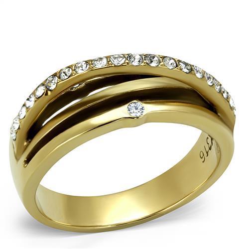 Bague entrelacée femme en acier inoxydable doré, ornée de multiples cristaux scintillants, vue de face, Maison Mercier.