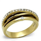 Bague entrelacée femme en acier inoxydable doré, ornée de multiples cristaux scintillants, vue de face, Maison Mercier.