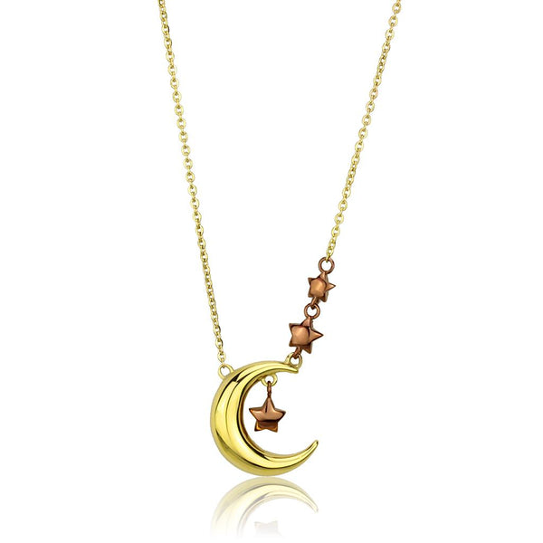 Détail d'un collier pendentif lune croissant doré et étoiles cuivrées en acier poli, Maison Mercier.