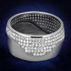 Vue de face d'une bague bande large en argent massif rhodié, ornée d'un pavage ondulant de zircons scintillants, Maison Mercier.
